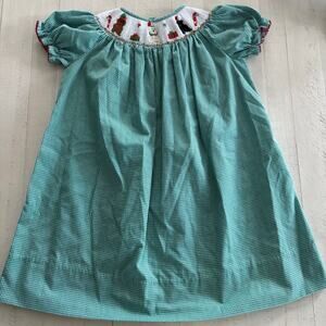 Lulu Bebe Smocked Green Gingham Christmas Doggy’s Dress Size 3T Preppy Southern